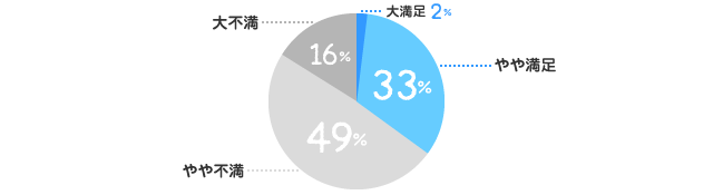 大満足：2%、やや満足：33%、やや不満：49%、大不満：16%