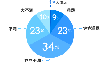 大満足：1%、満足：9%、やや満足：23%、やや不満：34%、不満：23%、大不満：10%